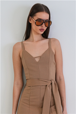 Kadın Koyu Bej Ayarlanabilir Askılı Kendinden Kemerli Sırtı Fermuarlı Keten Tulum Alc-X15382