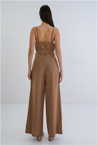 Kadın Koyu Bej Ayarlanabilir Askılı Kendinden Kemerli Sırtı Fermuarlı Keten Tulum Alc-X15382