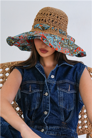 Kadın Koyu Bej Geniş Dokuma Siperli Hasır Örme Plaj Şapka Alc-X15392