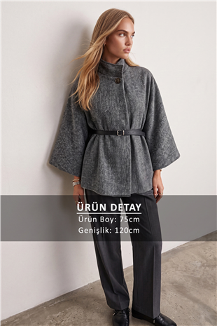 Kadın KOYU GRİ KEMER DETAYLI KAŞE PELERİN KABAN ALC-X14529