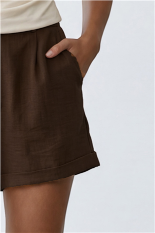 Kadın Koyu Kahve Çift Cepli Duble Paça Gizli Fermuarlı Keten Şort Alc-X13767