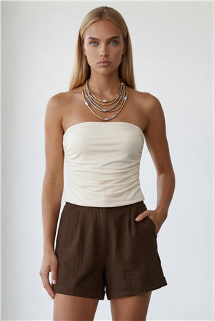 Kadın Koyu Kahve Çift Cepli Duble Paça Gizli Fermuarlı Keten Şort Alc-X13767