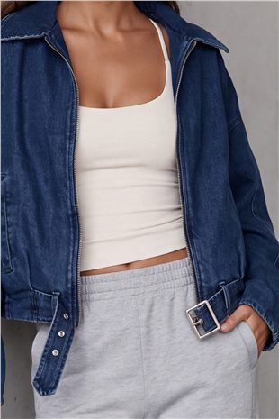 Kadın Koyu Lacivert İçi Astarlı Kemerli Jean Ceket Alc-X15797