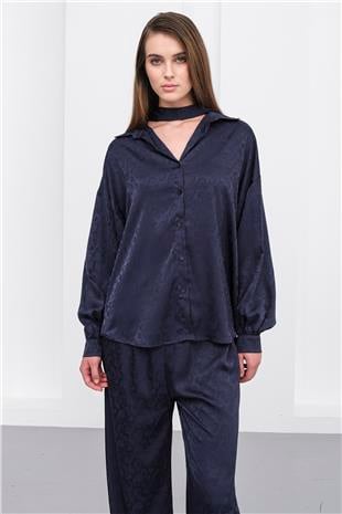 Kadın Koyu Lacivert Jakar Desen Saten Gömlek Ve Pantolon Saten Takım VS01231