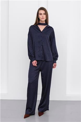 Kadın Koyu Lacivert Jakar Desen Saten Gömlek Ve Pantolon Saten Takım VS01231