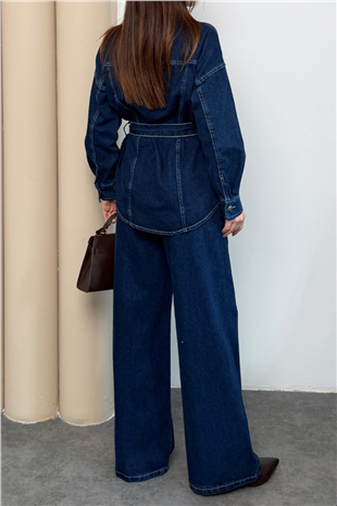 Kadın Koyu Mavi Beli Kuşaklı Jean Ceket Ve Palazzo Pantolon Takım Alc-X15321