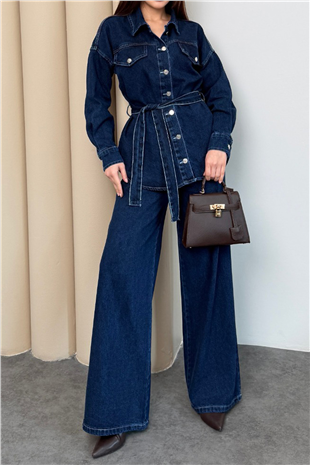 Kadın Koyu Mavi Beli Kuşaklı Jean Ceket Ve Palazzo Pantolon Takım Alc-X15321