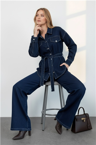 Kadın Koyu Mavi Beli Kuşaklı Jean Ceket Ve Palazzo Pantolon Takım Alc-X15321