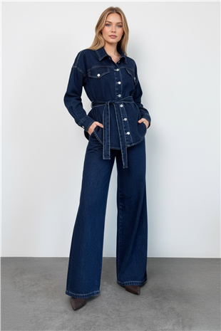 Kadın Koyu Mavi Beli Kuşaklı Jean Ceket Ve Palazzo Pantolon Takım Alc-X15321