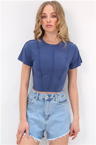 Kadın Koyu Mavi Bisiklet Yaka Önü Dikişli Crop Sandy Bluz Alc-X11782