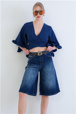 Kadın Koyu Mavi Geniş Paça Yıkamalı Jean Şort Alc-X15446