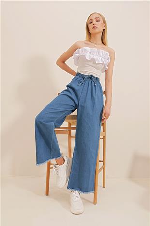 Kadın Koyu Mavi Paçası Püsküllü Yüksek Bel Palazzo Jean Pantolon ALC-X8930