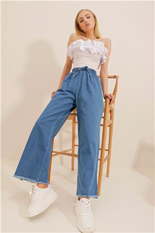 Kadın Koyu Mavi Paçası Püsküllü Yüksek Bel Palazzo Jean Pantolon ALC-X8930