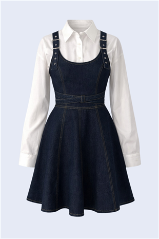 Kadın Koyu Mavi Sırttan Kemer Tokalı Mini Jean Salopet Elbise Alc-X15142