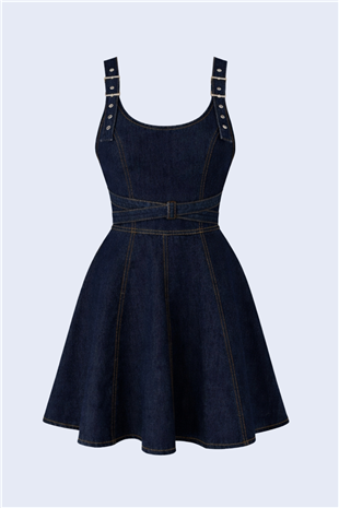 Kadın Koyu Mavi Sırttan Kemer Tokalı Mini Jean Salopet Elbise Alc-X15142