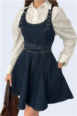 Kadın Koyu Mavi Sırttan Kemer Tokalı Mini Jean Salopet Elbise Alc-X15142