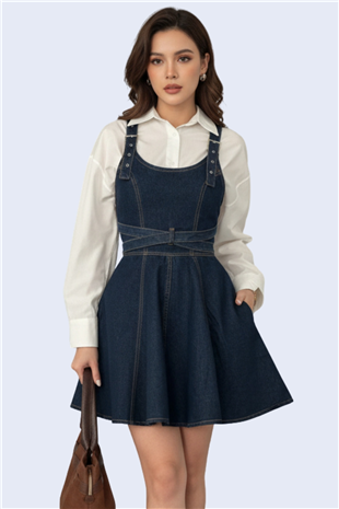 Kadın Koyu Mavi Sırttan Kemer Tokalı Mini Jean Salopet Elbise Alc-X15142