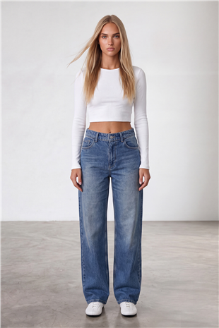 Kadın Koyu Mavi Yüksek Bel Bol Paça Wide Leg Jean Pantolon Alc-X15917