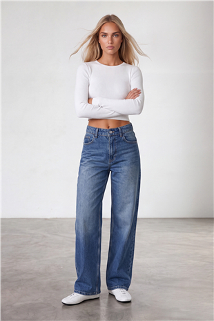 Kadın Koyu Mavi Yüksek Bel Bol Paça Wide Leg Jean Pantolon Alc-X15917