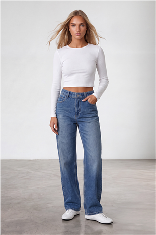 Kadın Koyu Mavi Yüksek Bel Bol Paça Wide Leg Jean Pantolon Alc-X15917