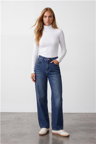 Kadın Koyu Mavi Yüksek Bel Geniş Paça Denim Pantolon Alc-X16049