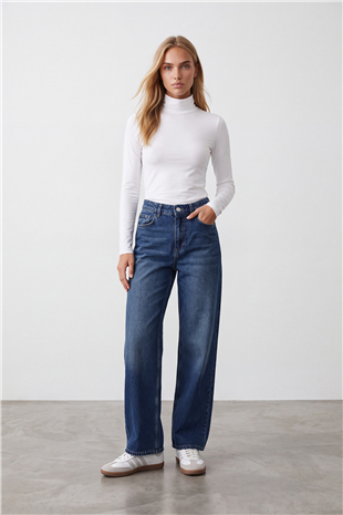 Kadın Koyu Mavi Yüksek Bel Geniş Paça Denim Pantolon Alc-X16049