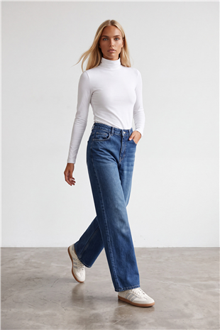 Kadın Koyu Mavi Yüksek Bel Geniş Paça Denim Pantolon Alc-X16049