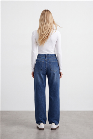 Kadın Koyu Mavi Yüksek Bel Geniş Paça Denim Pantolon Alc-X16049