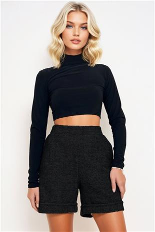 Kadın Koyu Siyah Duble Paça Çift Cepli Kışlık Kaşe Şort Alc-X13297