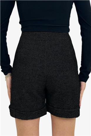 Kadın Koyu Siyah Duble Paça Çift Cepli Kışlık Kaşe Şort Alc-X13297
