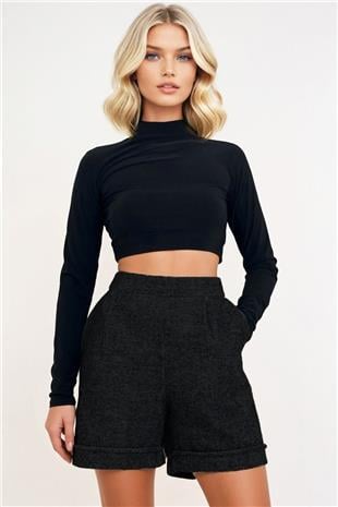 Kadın Koyu Siyah Duble Paça Çift Cepli Kışlık Kaşe Şort Alc-X13297