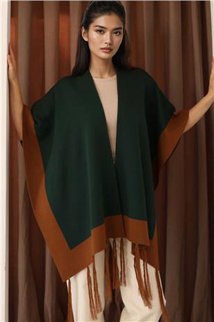 Kadın Koyu Yeşil Kontrast Şeritli Püsküllü Panço Alc-X14746