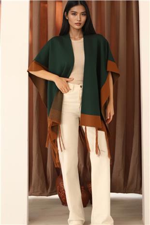 Kadın Koyu Yeşil Kontrast Şeritli Püsküllü Panço Alc-X14746