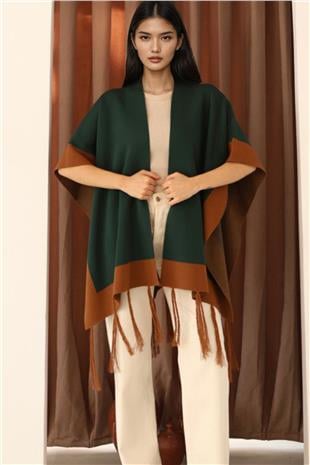 Kadın Koyu Yeşil Kontrast Şeritli Püsküllü Panço Alc-X14746