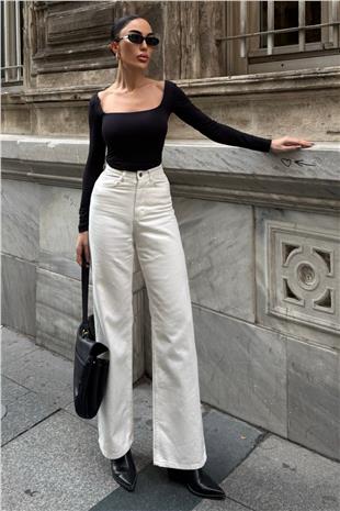 Kadın KREM 5 Cepli Yüksek Bel Palazzo Jean VS01638