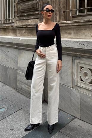 Kadın KREM 5 Cepli Yüksek Bel Palazzo Jean VS01638