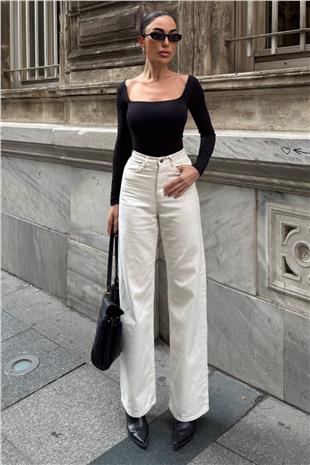 Kadın KREM 5 Cepli Yüksek Bel Palazzo Jean VS01638