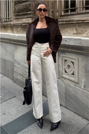 Kadın KREM 5 Cepli Yüksek Bel Palazzo Jean VS01638