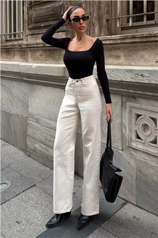 Kadın KREM 5 Cepli Yüksek Bel Palazzo Jean VS01638