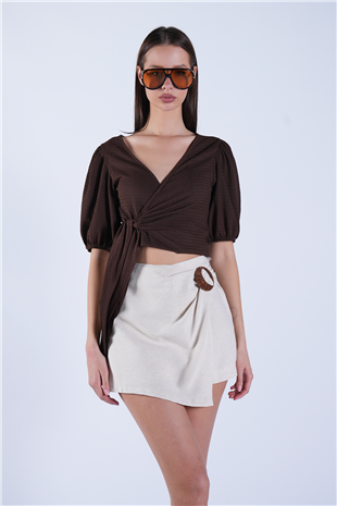 Kadın Krem Anvelop Kesim Ahşap Tokalı Gizli Fermuarlı Keten Şort Etek Alc-X15131