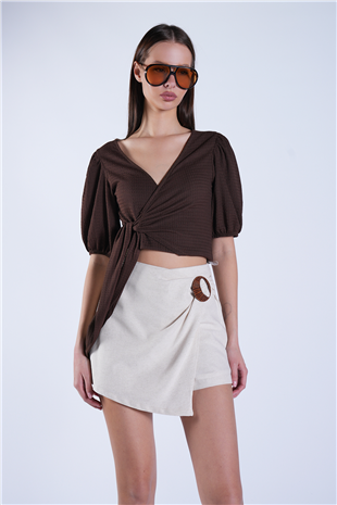 Kadın Krem Anvelop Kesim Ahşap Tokalı Gizli Fermuarlı Keten Şort Etek Alc-X15131