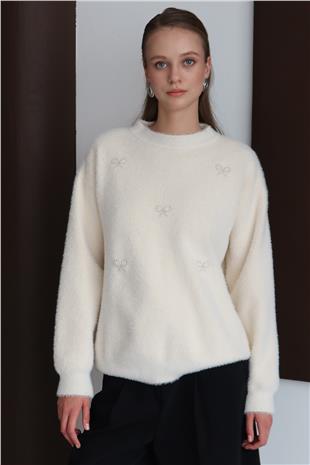 Kadın KREM Bisiklet Yaka Taşlı Kurdale Detaylı Yumoş Kazak VS01435