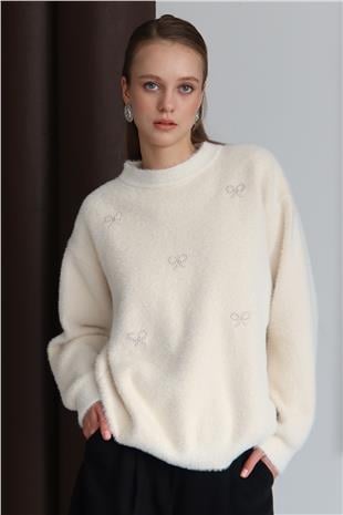 Kadın KREM Bisiklet Yaka Taşlı Kurdale Detaylı Yumoş Kazak VS01435