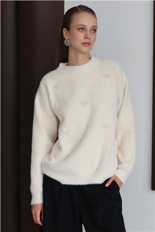 Kadın KREM Bisiklet Yaka Taşlı Kurdale Detaylı Yumoş Kazak VS01435