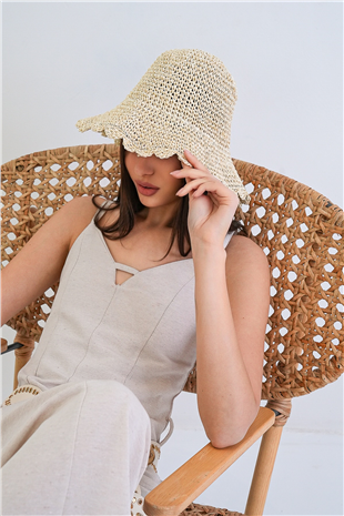 Kadın Krem Hasır Örme Bucket Yazlık Şapka Alc-X15390