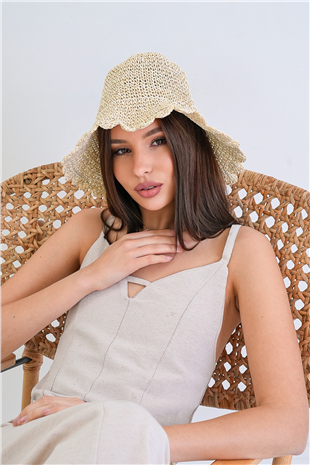 Kadın Krem Hasır Örme Bucket Yazlık Şapka Alc-X15390