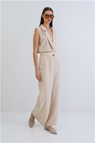 Kadın Krem Keten Yelek Ve Anvelop Kesim Yüksek Bel Fermuarlı  Pantolon Takım Alc-X15300