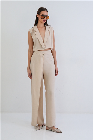 Kadın Krem Keten Yelek Ve Anvelop Kesim Yüksek Bel Fermuarlı  Pantolon Takım Alc-X15300