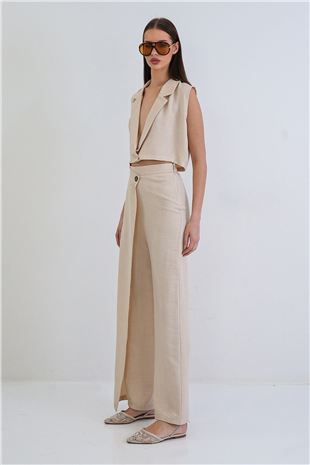 Kadın Krem Keten Yelek Ve Anvelop Kesim Yüksek Bel Fermuarlı  Pantolon Takım Alc-X15300