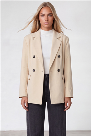 Kadın Krem Kruvaze Yaka Düğmeli Blazer Ceket Alc-X15732